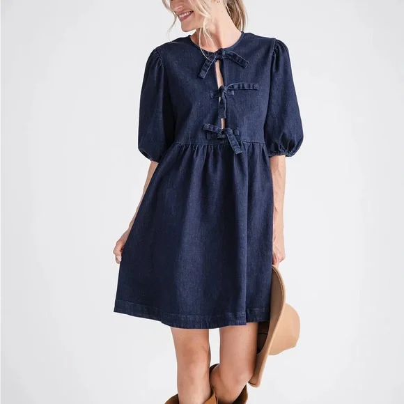 Aaron & Amber Babydoll Ribbon Tie Denim Mini Dress - Picture 1 of 7